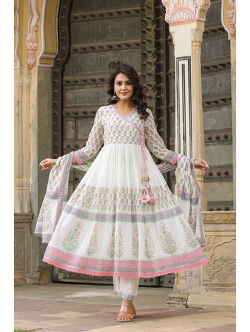 Women's Cotton Anarkali Floral Printed Ethnic Wear Kurta Set with Dupatta