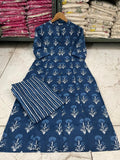 Printed Cotton Blue Kurta Pant Set