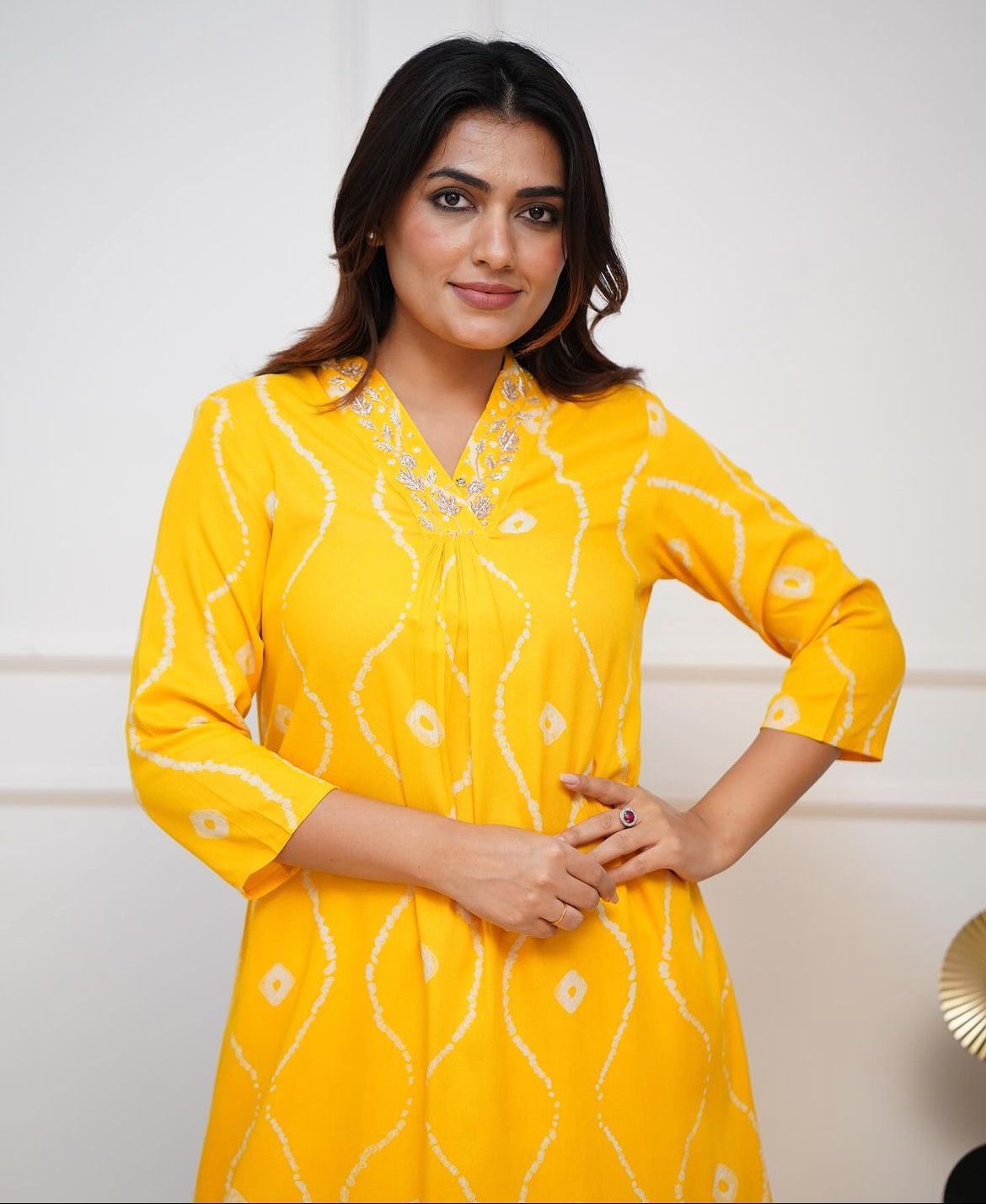 Yellow Lehariya Print Handwork V-Neck Kurti Pant