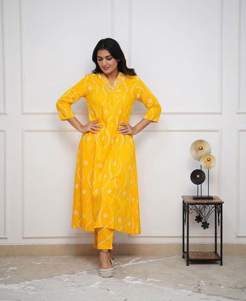 Yellow Lehariya Print Handwork V-Neck Kurti Pant