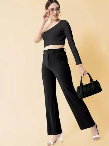 Elegant Black & Pista Lycra Solid Trousers Combo For Women