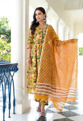 Ethnic Set Women Yellow Floral Printed Anarkali Kurta and Pant Set With Dupatta