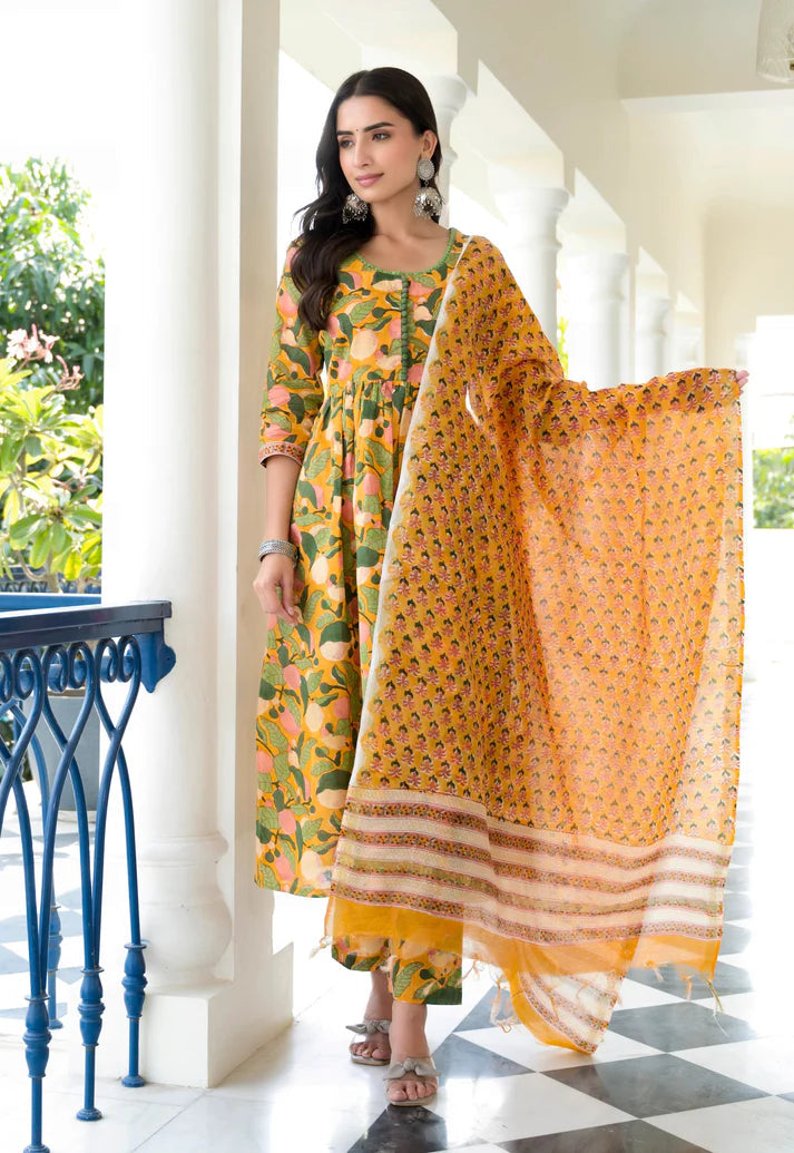 Ethnic Set Women Yellow Floral Printed Anarkali Kurta and Pant Set With Dupatta