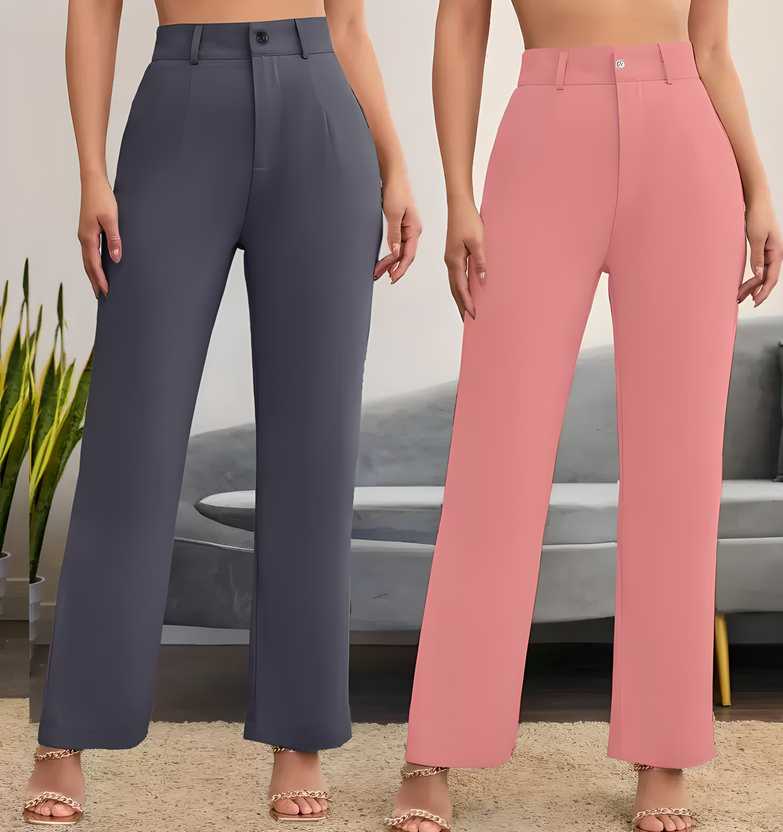 Elegant Grey & Peach Lycra Solid Trousers Combo For Women