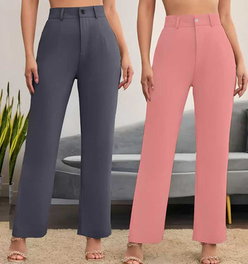 Elegant Grey & Peach Lycra Solid Trousers Combo For Women