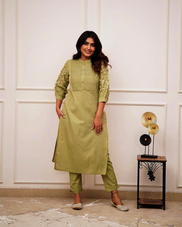 Green Rayon Pintex Work Kurta and Pant Set with Floral Embroidery on Sleeves