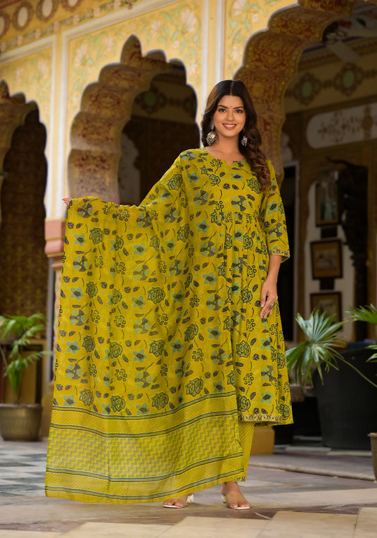 Yellow Simple Floral Printed Designer Kurta Set with Bottom and Dupatta