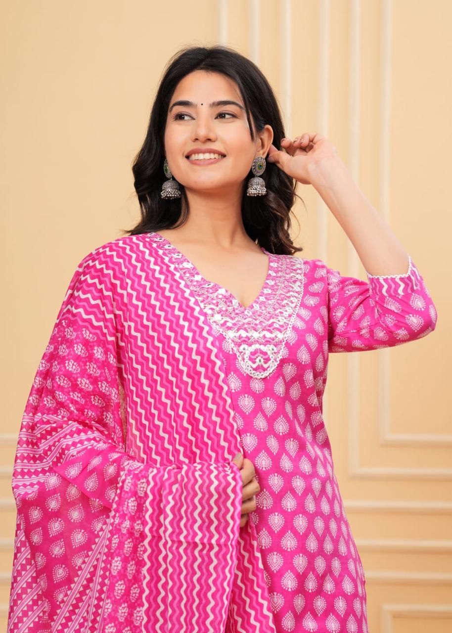 Beautiful cotton set with sequence embroidery work on v neck