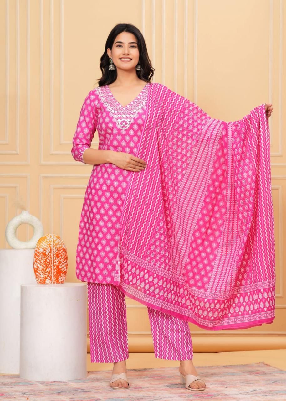 Beautiful cotton set with sequence embroidery work on v neck