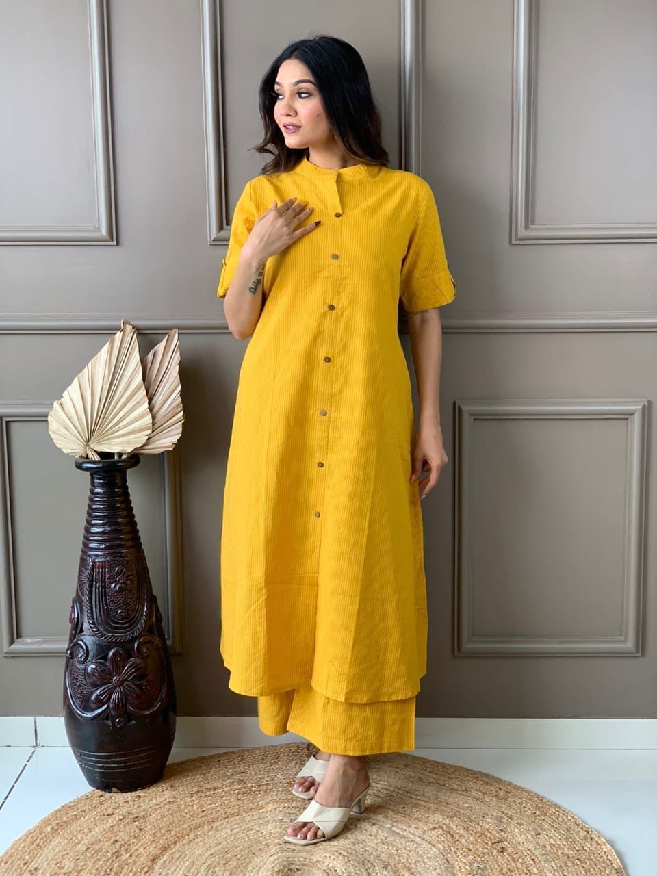 Maabetii Yellow A line Kurti Plazo Kantha Coord Set