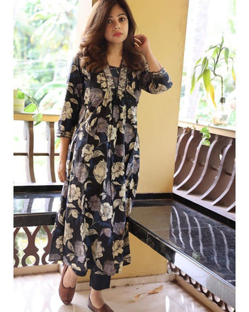 Fashionable Cotton Printed Neck Work Top With Bottom Black