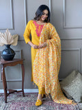 Yellow Katha Embroidered Traditional Cotton Kurti Pant with Floral Silk Dupatta Ethnic Salwar Kameez Suit Set