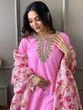 Pink Katha Embroidered Traditional Cotton Kurti Pant with Floral Silk Dupatta Ethnic Salwar Kameez Suit Set