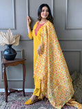 Yellow Katha Embroidered Traditional Cotton Kurti Pant with Floral Silk Dupatta Ethnic Salwar Kameez Suit Set