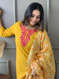 Yellow Katha Embroidered Traditional Cotton Kurti Pant with Floral Silk Dupatta Ethnic Salwar Kameez Suit Set