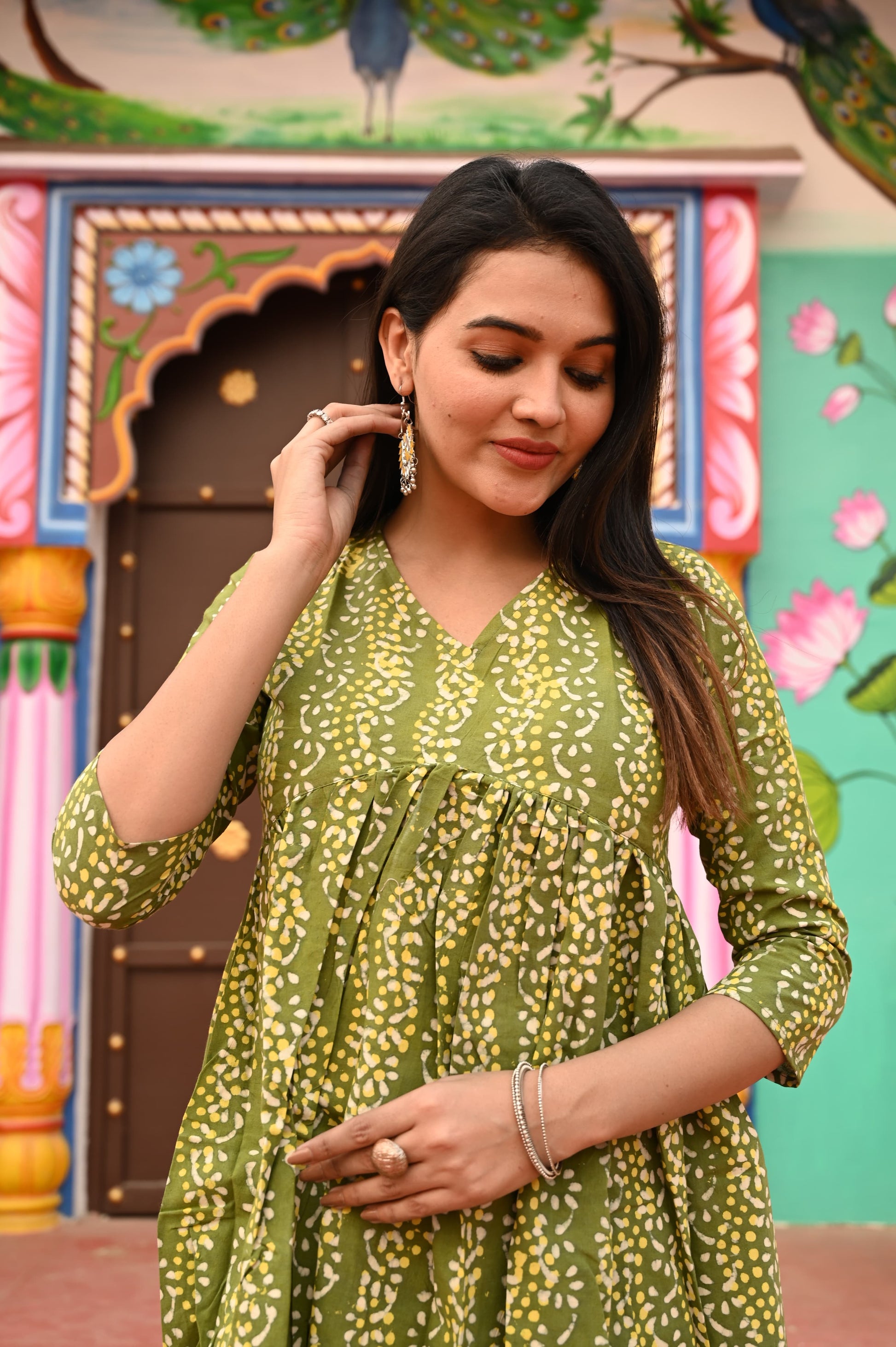 Green Cotton Printed Peplum Top