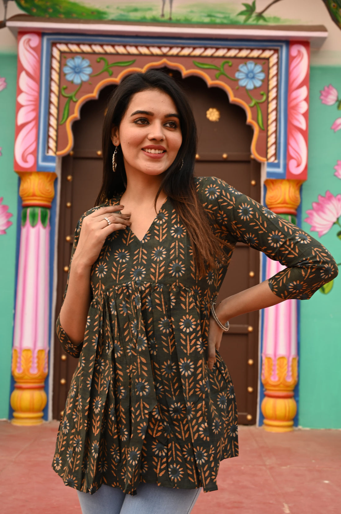 Mehndi Green Cotton Printed Peplum Top