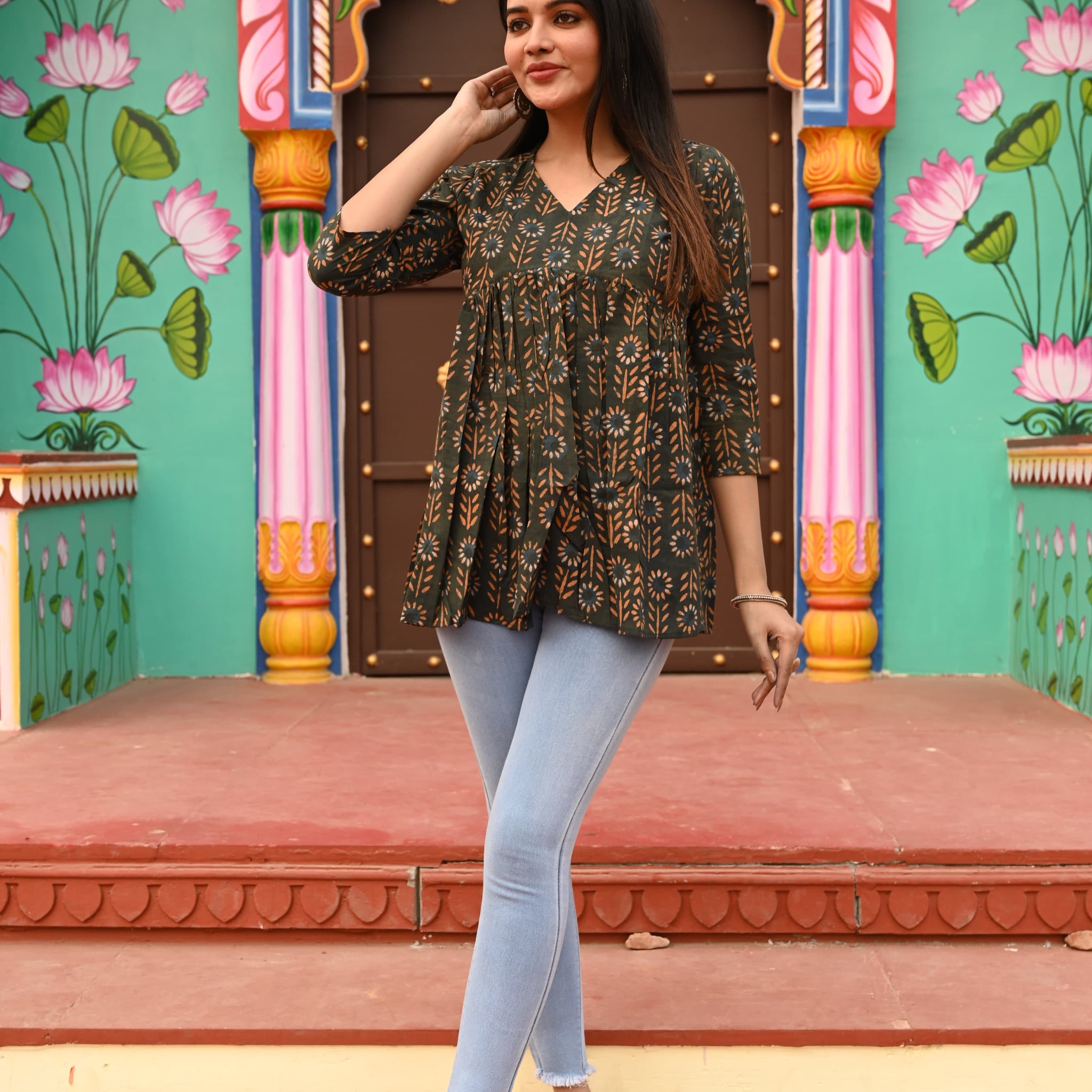 Mehndi Green Cotton Printed Peplum Top