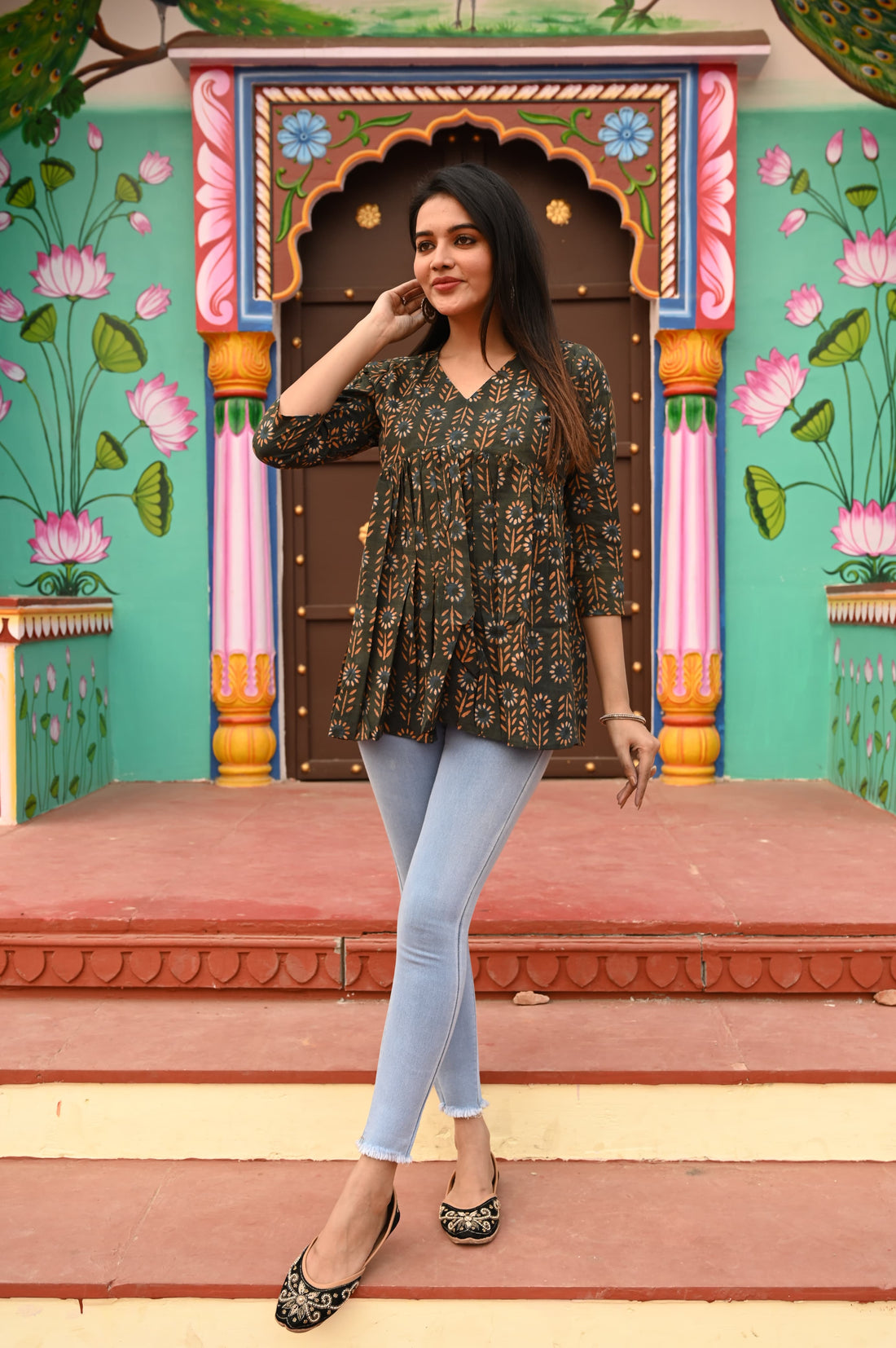 Mehndi Green Cotton Printed Peplum Top