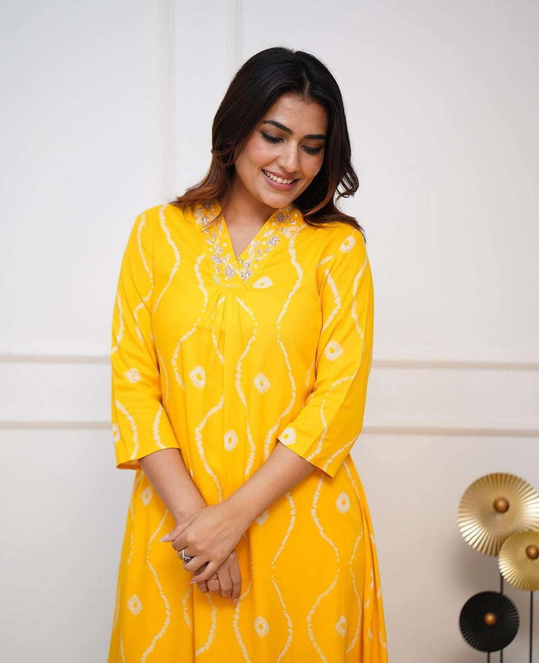 Yellow Lehariya Print Handwork V-Neck Kurti Pant