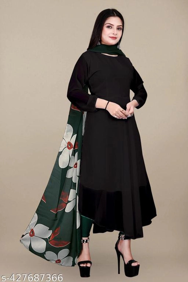 Georgette Solid Anarkali Kurti with Dupatta for Women (Black & Green, M) - Anjali & Harry