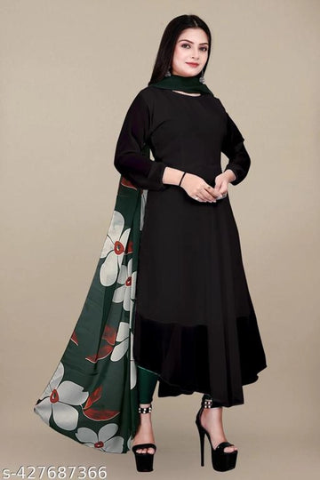 Georgette Solid Anarkali Kurti with Dupatta for Women (Black & Green, M) - Anjali & Harry