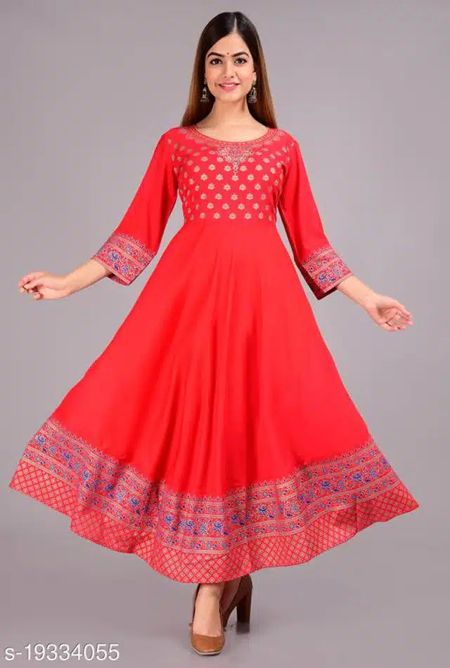 Rayon Printed Anarkali Kurti for Women (Red, S) - Anjali & Harry