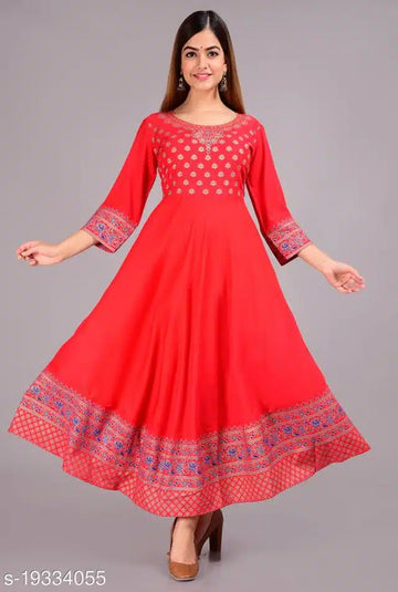 Rayon Printed Anarkali Kurti for Women (Red, S) - Anjali & Harry