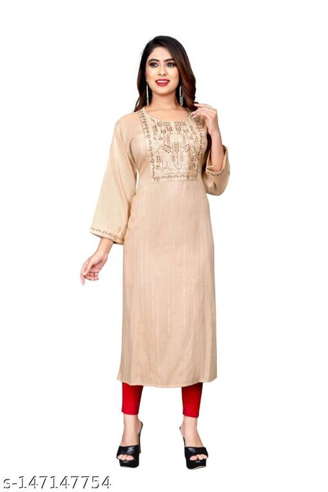 Rayon Slub Embroidered Kurti for Women (Cream, M) - Anjali & Harry