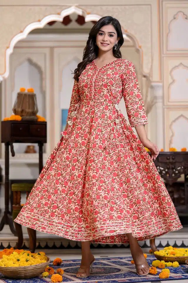 Cotton Printed Anarkali Kurti for Women (Red, M) - Anjali & Harry