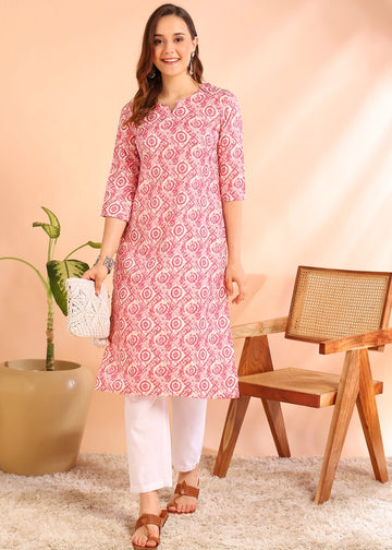 Rayon Printed Straight Kurti for Women (Pink, S) - Anjali & Harry