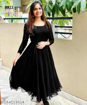 Georgette Solid Anarkali Kurti for Women (Black, M) - Anjali & Harry