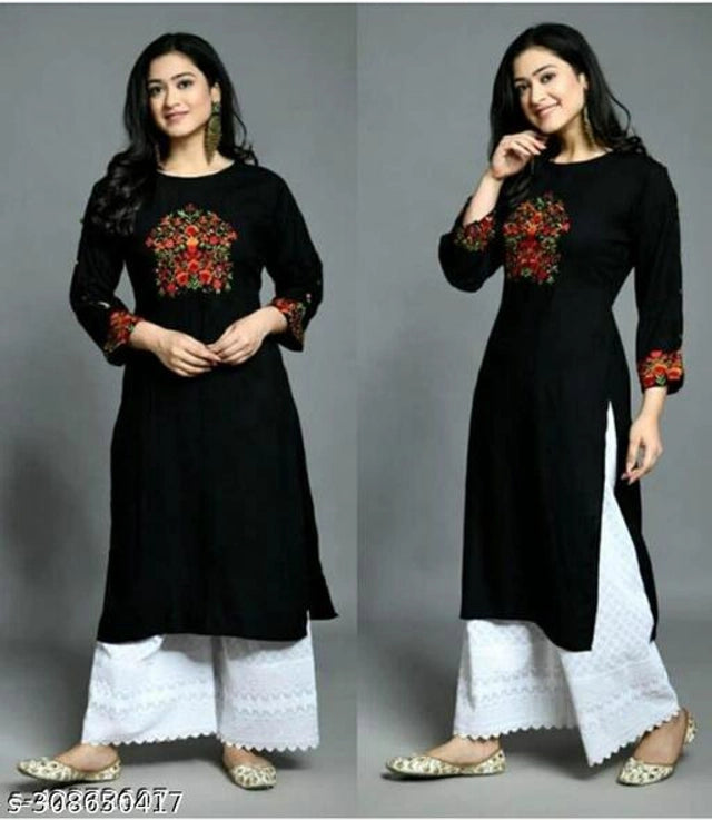 Rayon Embroidered Kurti for Women (Black, S) - Anjali & Harry