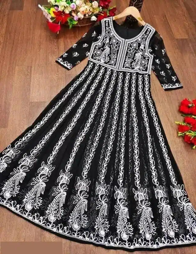 Georgette Embroidered Kurti for Women (Black & White, S) - Anjali & Harry