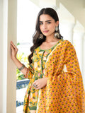 Ethnic Set Women Yellow Floral Printed Anarkali Kurta and Pant Set With Dupatta