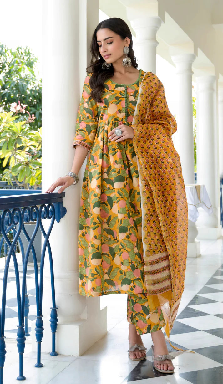 Ethnic Set Women Yellow Floral Printed Anarkali Kurta and Pant Set With Dupatta