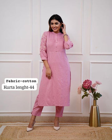 Dusty Pink Colour Pintex And Embroidery Worked Rayon Round Neck Kurta Set