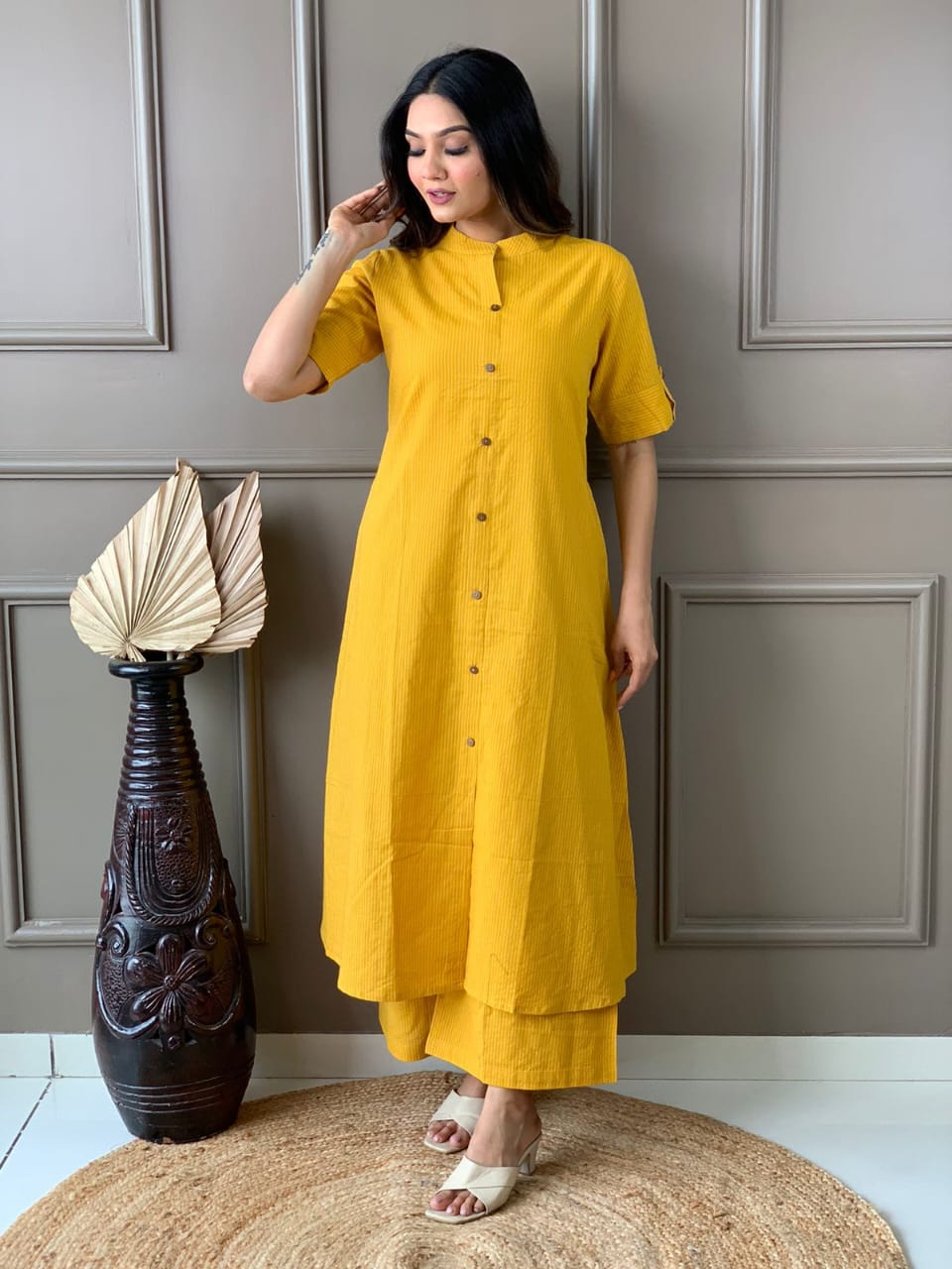 Maabetii Yellow A line Kurti Plazo Kantha Coord Set