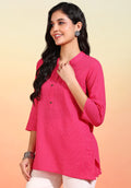 Women Pink Kantha Design Short Kurti with Mandarin Collar