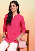 Women Pink Kantha Design Short Kurti with Mandarin Collar