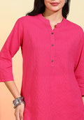 Women Pink Kantha Design Short Kurti with Mandarin Collar