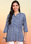 Women Indigo Print Kantha Design Short Kurti with Mandarin Collar