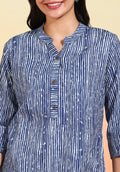 Women Indigo Print Kantha Design Short Kurti with Mandarin Collar