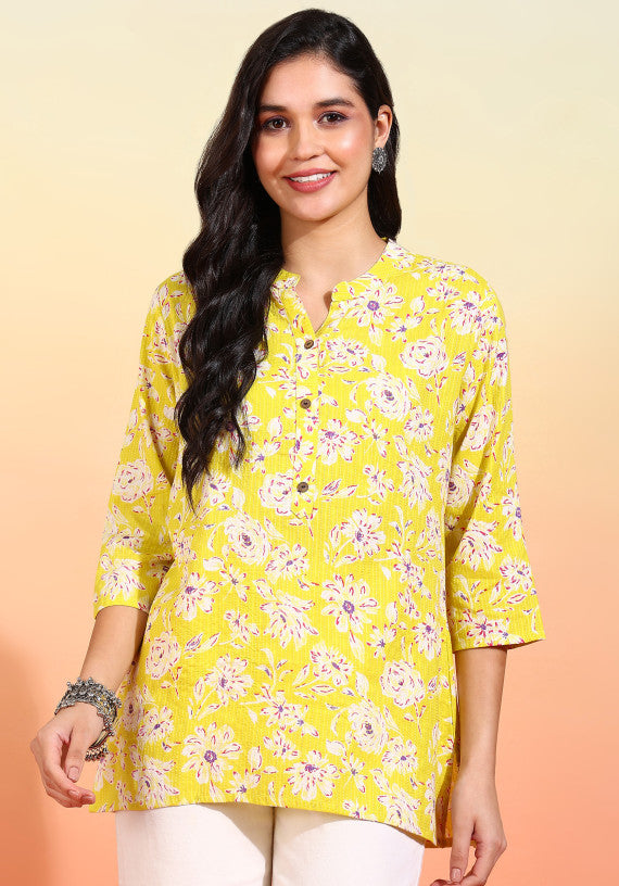 Women Yellow Block Print Kantha Design Short Kurti with Mandarin Collar