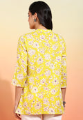 Women Yellow Block Print Kantha Design Short Kurti with Mandarin Collar