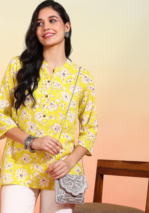 Women Yellow Block Print Kantha Design Short Kurti with Mandarin Collar