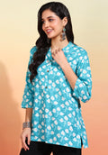 Women Blue Block Print Short Kurti with Mandarin Collar