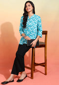 Women Blue Block Print Short Kurti with Mandarin Collar