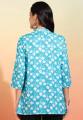 Women Blue Block Print Short Kurti with Mandarin Collar