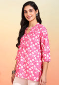 Women Pink Block Print Short Kurti with Mandarin Collar